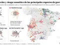 Mapa de España con puntos de colores que indican la distribución de distintos tipos de garrapatas y las enfermedades que transmiten.