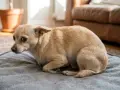 Un pequeño perro de color canela, con ojos grandes y asustados, está acurrucado en una manta gris. Quizás se pregunte porque mi yorkshire tiembla.