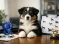Cachorro adorable junto a un diagrama de árbol genealógico, lupa y trofeo. Esto ilustra qué es pedigree en un perro: su linaje y herencia.