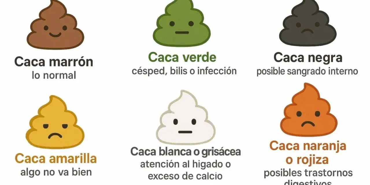 Ilustración de heces de colores: marrón (normal), verde (infección), negra (sangrado), amarilla (algo va mal), blanca/gris (hígado/calcio) y naranja/rojiza (digestivo).