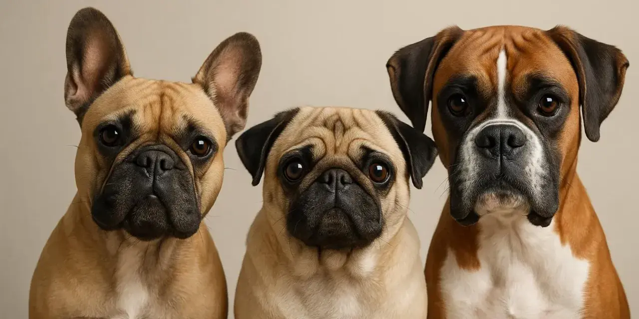 Tres adorables perros braquicéfalos: un bulldog francés, un pug y un boxer, posan juntos con miradas curiosas.