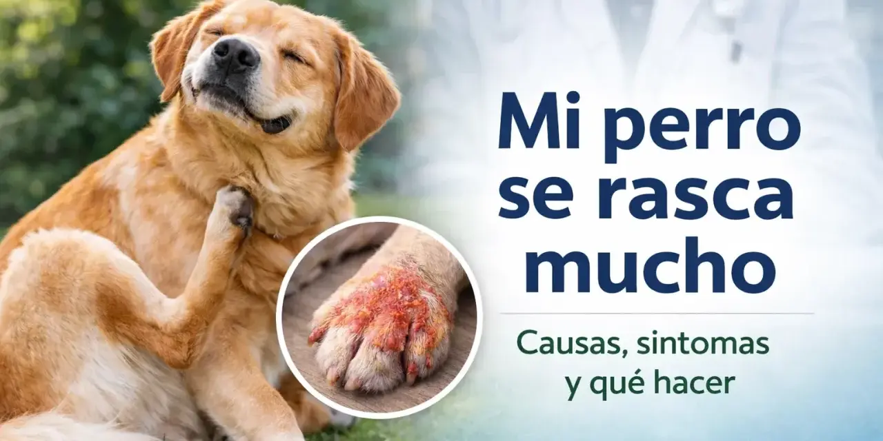 Golden retriever se rasca mucho, mostrando una pata irritada. Texto: "Mi perro se rasca mucho. Causas, síntomas y qué hacer.