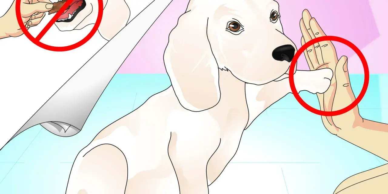 Un perro blanco da la pata a una mano. Aprende como enseñar trucos a un perro sin usar golosinas.