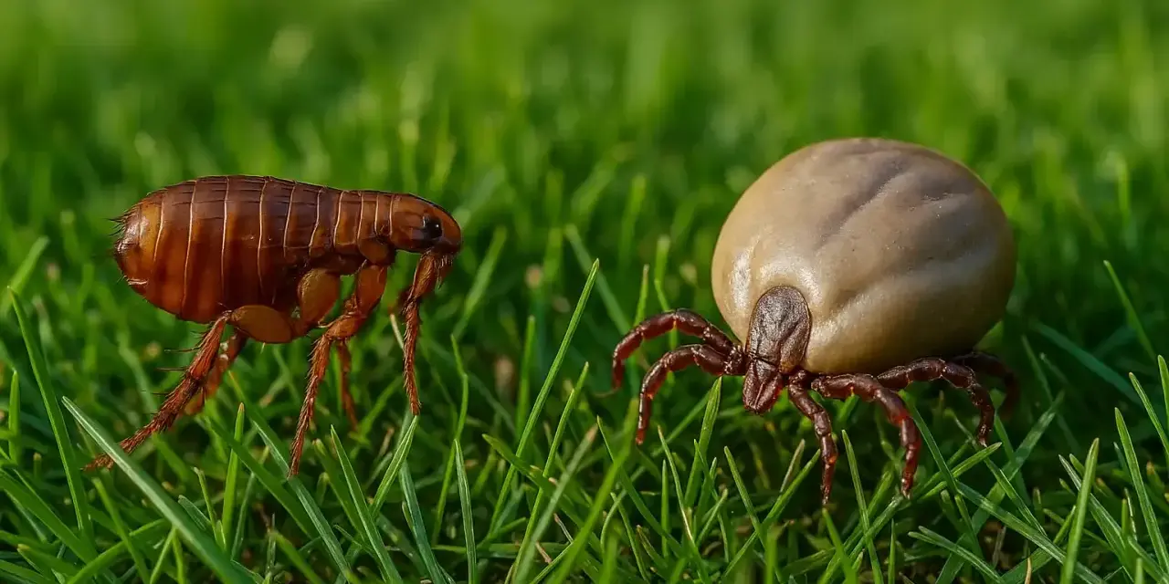 Un insecto parecido a la garrapata, una pulga, y una garrapata hinchada se encuentran en la hierba verde.