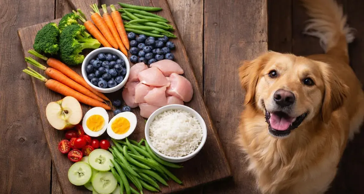 Un perro golden retriever mira con ilusión una tabla con ingredientes frescos: verduras para perros, pollo, arroz y frutas.