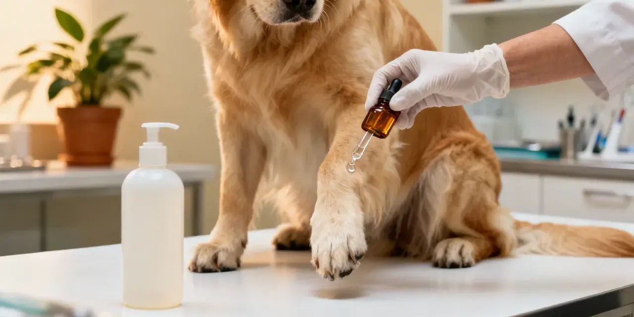 Veterinario aplica gotas de cristalmina en la pata de un perro.