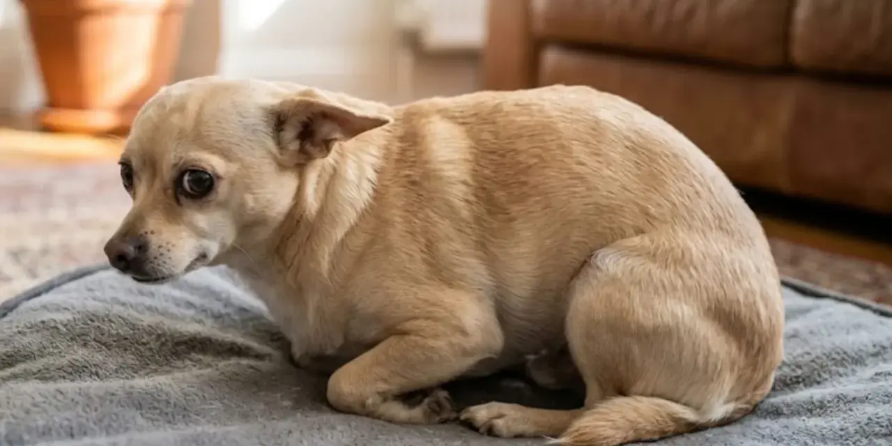 Un pequeño perro de color canela, con ojos grandes y asustados, está acurrucado en una manta gris. Quizás se pregunte porque mi yorkshire tiembla.