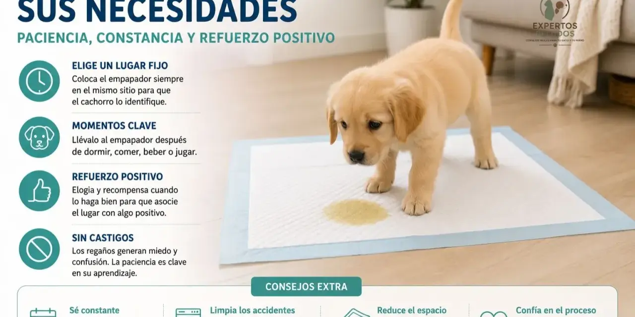 Un cachorro golden retriever aprende a usar el empapador. Consejos para saber cuando quitar el empapador a un cachorro.