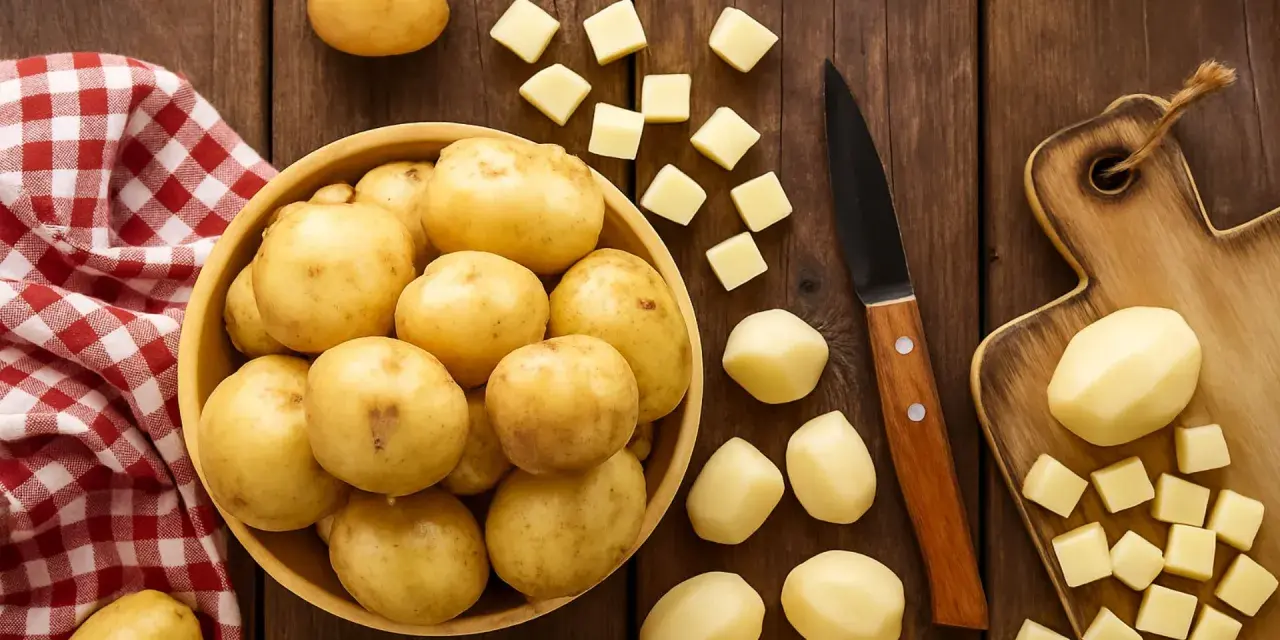 Patatas enteras y cortadas en cubos sobre una mesa de madera. ¡Un snack saludable que los perros pueden comer patata cocida!