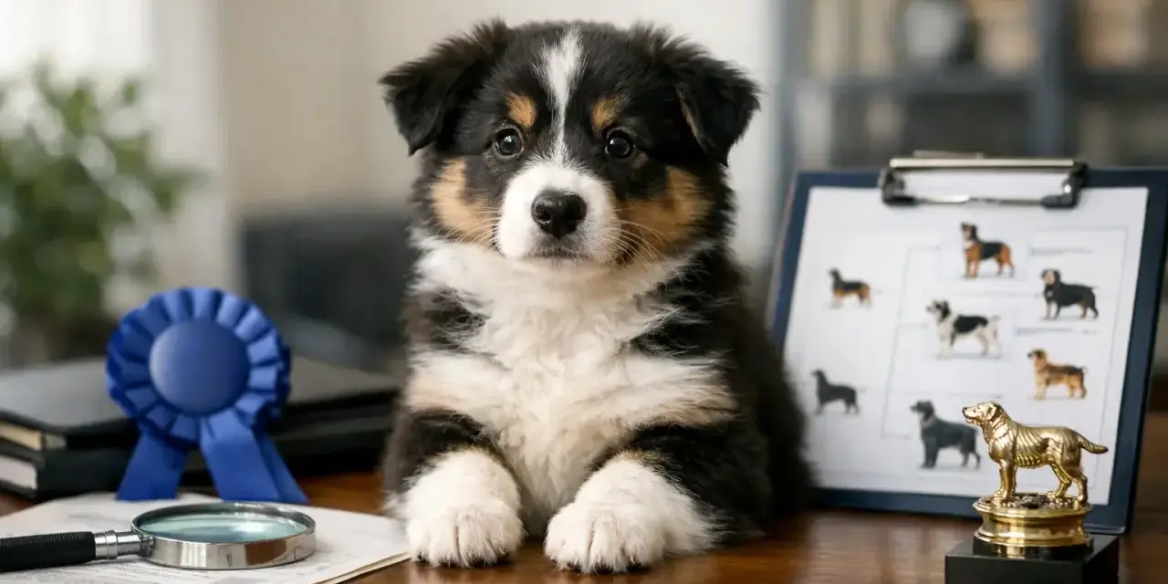 Cachorro adorable junto a un diagrama de árbol genealógico, lupa y trofeo. Esto ilustra qué es pedigree en un perro: su linaje y herencia.