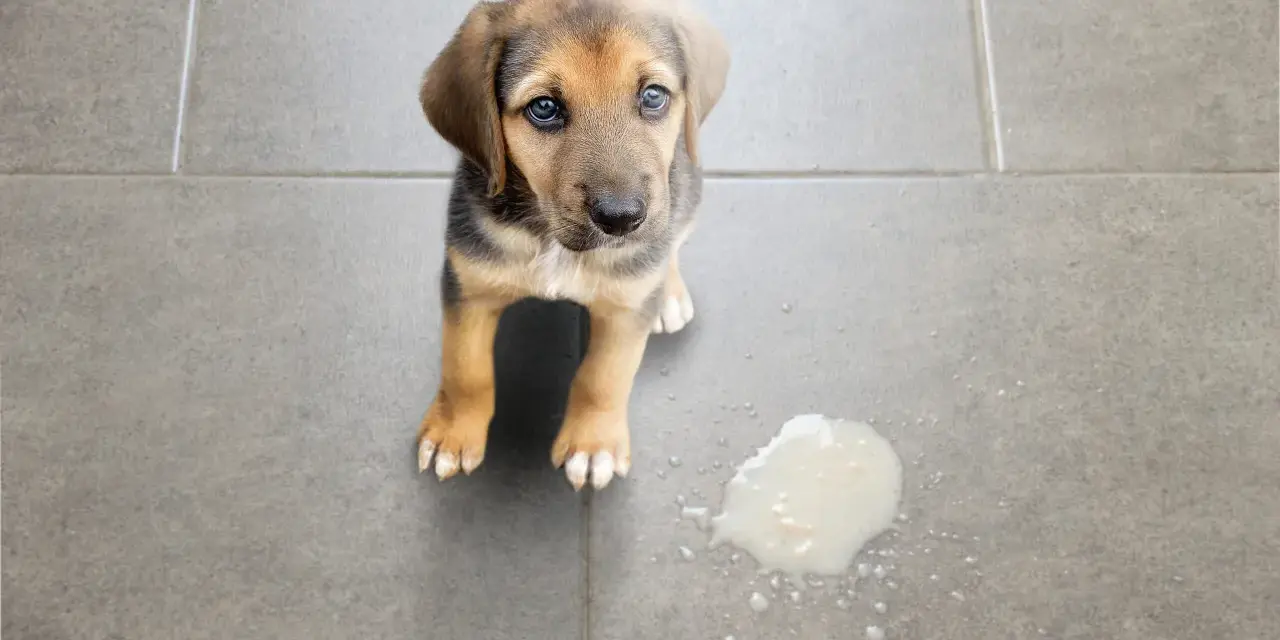 Cachorro con ojos tristes mira al lado de un charco de vómito verde.
