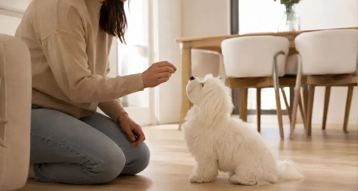 Mujer enseña a un bichón maltés con premios. Aprende como educar a un bichon maltes con paciencia y recompensas.