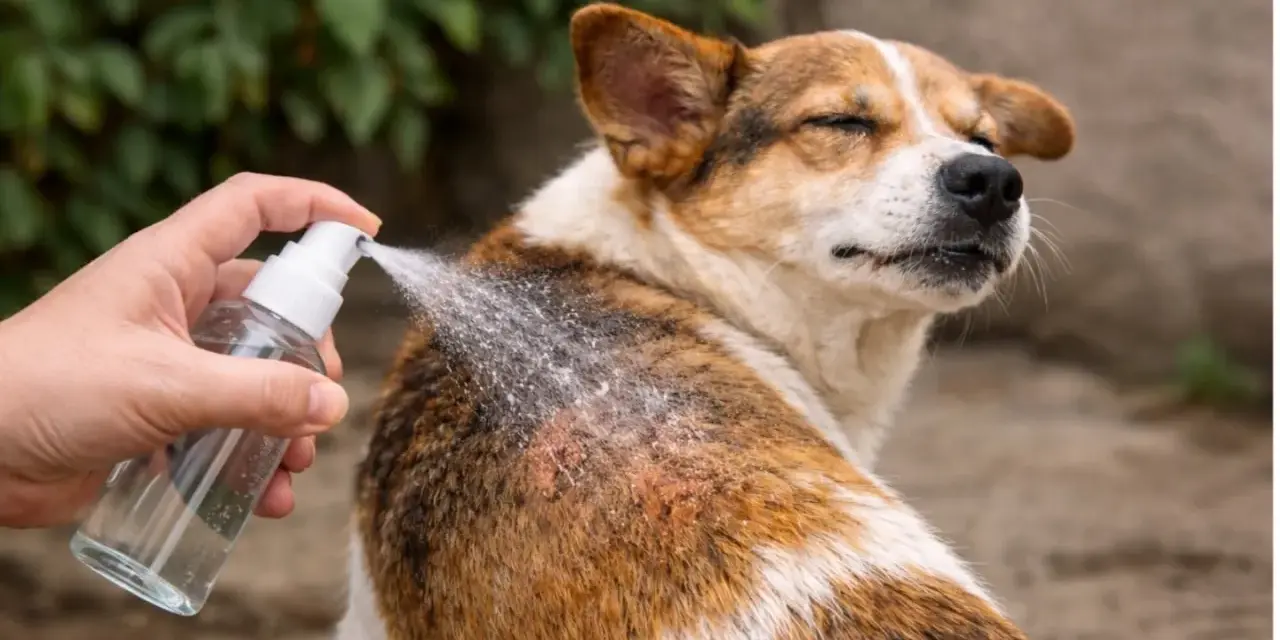 Mano aplica spray antipulgas casero a un perro con pelaje marrón y blanco.