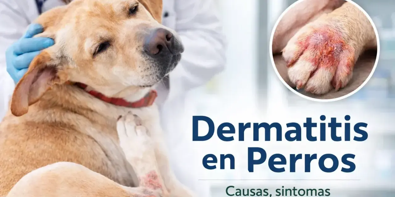 Perro con piel irritada en patas y codo, siendo examinado por un veterinario. Imagen muestra dermatitis en perros.