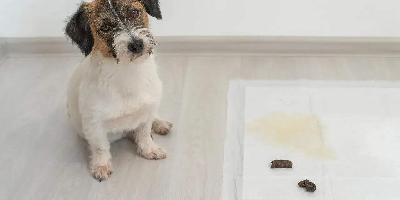 Perro sentado junto a una alfombrilla de entrenamiento con excrementos y orina. Un paso más para enseñar a un perro a hacer sus necesidades.