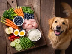 Un perro golden retriever mira con ilusión una tabla con ingredientes frescos: verduras para perros, pollo, arroz y frutas.