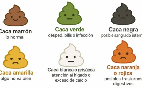 Ilustración de heces de colores: marrón (normal), verde (infección), negra (sangrado), amarilla (algo va mal), blanca/gris (hígado/calcio) y naranja/rojiza (digestivo).