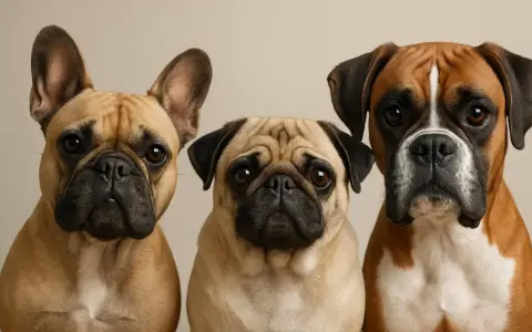 Tres adorables perros braquicéfalos: un bulldog francés, un pug y un boxer, posan juntos con miradas curiosas.