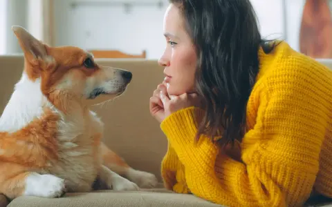 Un perro corgi mira fijamente a su dueña, con una expresión que parece de perro celoso de mi pareja.