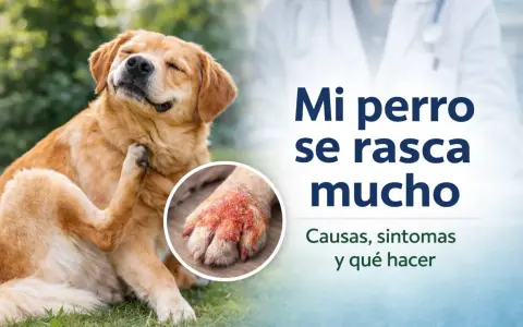 Golden retriever se rasca mucho, mostrando una pata irritada. Texto: "Mi perro se rasca mucho. Causas, síntomas y qué hacer.