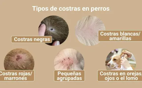 Ilustración muestra varios tipos de costras en perros, incluyendo negras, blancas/amarillas, rojas/marrones, pequeñas agrupadas y en orejas, ojos o lomo.