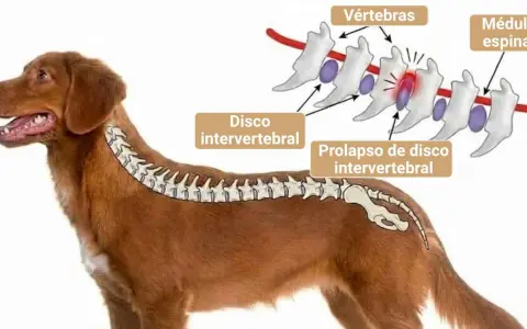 Ilustración de la columna vertebral de un perro, mostrando un disco intervertebral prolapsado. La imagen explica la causa de dolor y la posible decisión de sacrificar perro por hernia discal.
