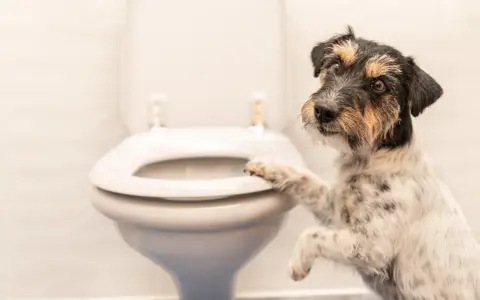 Un perro juguetón se apoya en el inodoro, ¿será que quiere saber porque mi perro me sigue al baño?