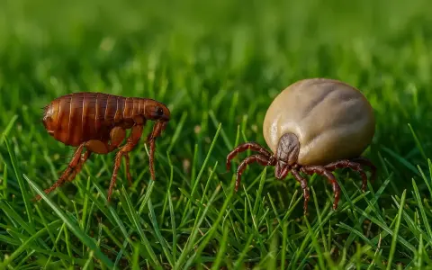Un insecto parecido a la garrapata, una pulga, y una garrapata hinchada se encuentran en la hierba verde.