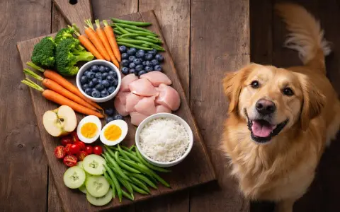 Un perro golden retriever mira con ilusión una tabla con ingredientes frescos: verduras para perros, pollo, arroz y frutas.