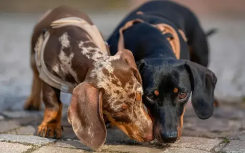 Dos adorables perros salchicha, uno atigrado y otro negro, se saludan con ternura.