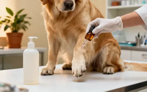 Veterinario aplica gotas de cristalmina en la pata de un perro.