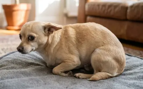 Un pequeño perro de color canela, con ojos grandes y asustados, está acurrucado en una manta gris. Quizás se pregunte porque mi yorkshire tiembla.