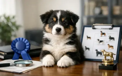 Cachorro adorable junto a un diagrama de árbol genealógico, lupa y trofeo. Esto ilustra qué es pedigree en un perro: su linaje y herencia.