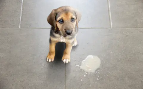 Cachorro con ojos tristes mira al lado de un charco de vómito verde.