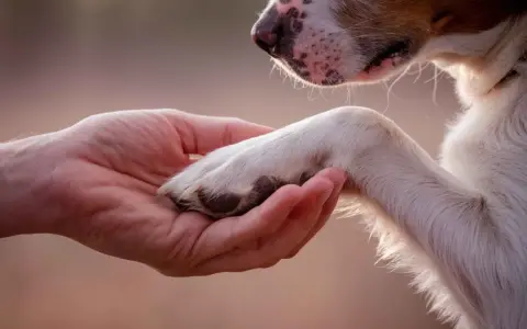Una mano sostiene la pata de un perro. Un momento de ternura, quizás al considerar los requisitos para sacrificar un perro.