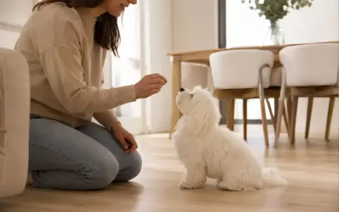 Mujer enseña a un bichón maltés con premios. Aprende como educar a un bichon maltes con paciencia y recompensas.