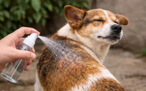 Mano aplica spray antipulgas casero a un perro con pelaje marrón y blanco.