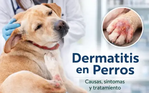 Perro con piel irritada en patas y codo, siendo examinado por un veterinario. Imagen muestra dermatitis en perros.