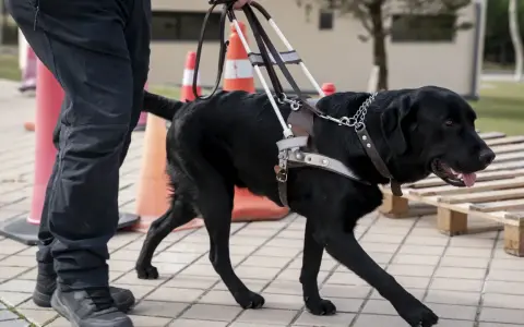 Perro guía negro con arnés, entrenando para ayudar. A qué edad se relaja un perro es una pregunta que depende de su entrenamiento y personalidad.
