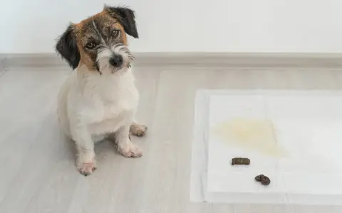 Perro sentado junto a una alfombrilla de entrenamiento con excrementos y orina. Un paso más para enseñar a un perro a hacer sus necesidades.