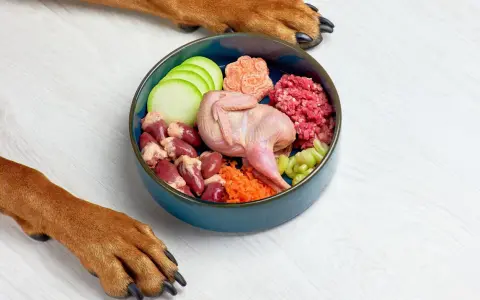 Un tazón azul con ingredientes para comida casera para perros: codorniz, corazones de pollo, carne picada, zanahoria, calabacín y apio. Patas de perro observan.