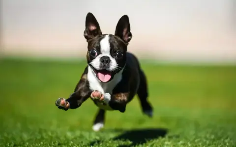 Un Boston Terrier con **zoomies** corre feliz por el césped, con las patas en el aire y la lengua fuera.