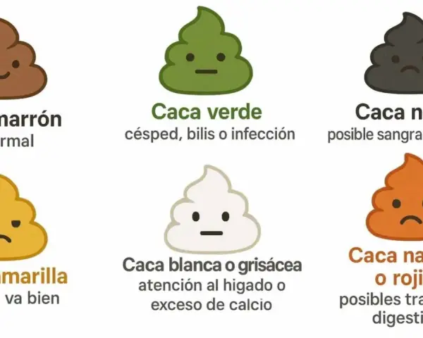 Ilustración de heces de colores: marrón (normal), verde (infección), negra (sangrado), amarilla (algo va mal), blanca/gris (hígado/calcio) y naranja/rojiza (digestivo).