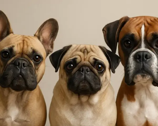 Tres adorables perros braquicéfalos: un bulldog francés, un pug y un boxer, posan juntos con miradas curiosas.