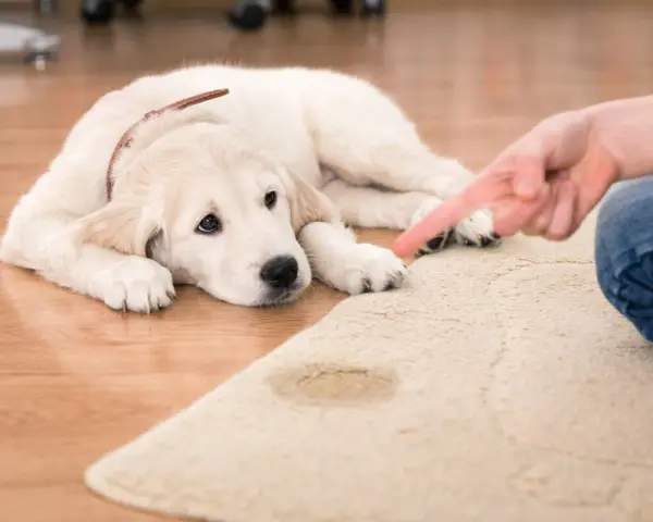 Cachorro triste mira dedo señalando mancha. Lección sobre como enseñar a un cachorro a no mearse en casa.