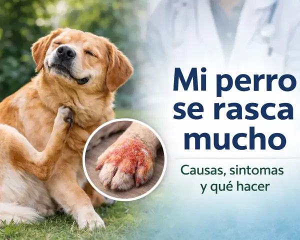 Golden retriever se rasca mucho, mostrando una pata irritada. Texto: "Mi perro se rasca mucho. Causas, síntomas y qué hacer.