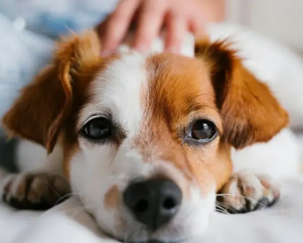 Primer plano de un perro con pelaje blanco y marrón, con una mano acariciando su cabeza. A veces, mi perro no me saluda cuando llego a casa.