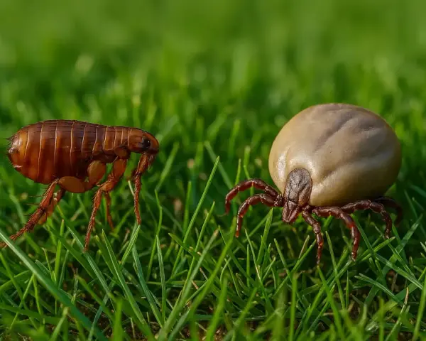 Un insecto parecido a la garrapata, una pulga, y una garrapata hinchada se encuentran en la hierba verde.