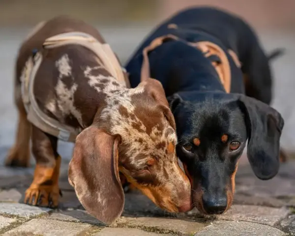 Dos adorables perros salchicha, uno atigrado y otro negro, se saludan con ternura.