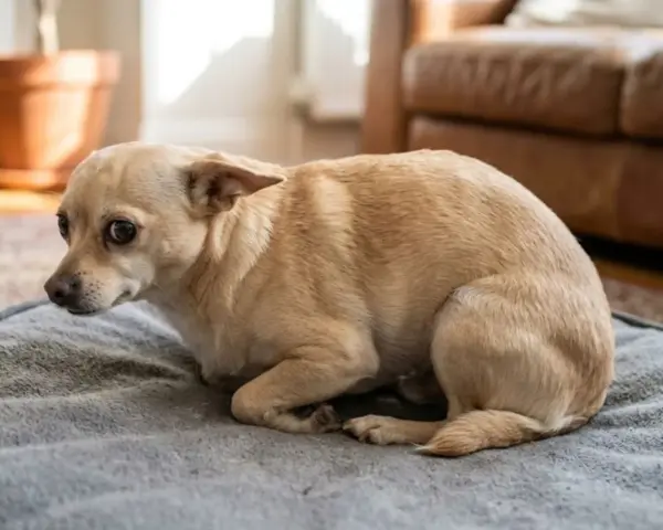 Un pequeño perro de color canela, con ojos grandes y asustados, está acurrucado en una manta gris. Quizás se pregunte porque mi yorkshire tiembla.